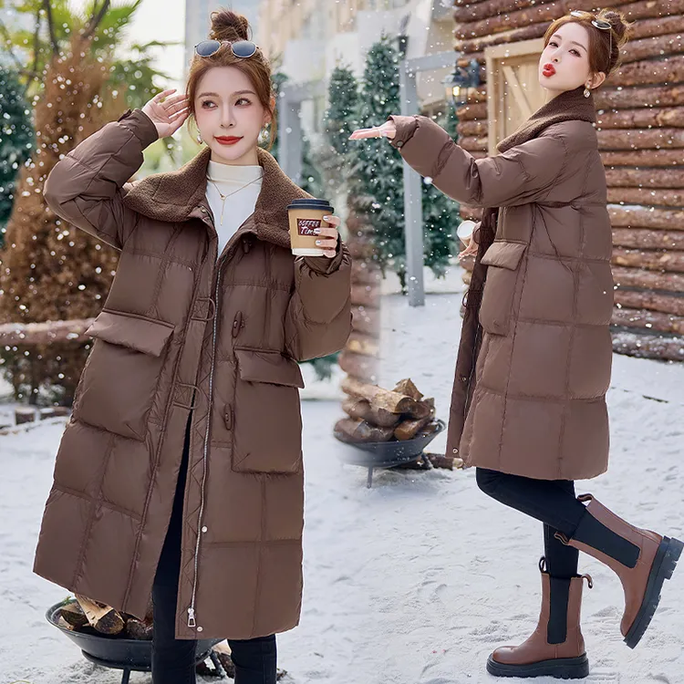 女款2025冬季新款拼接白鸭绒翻领中长款羽绒服高级感时髦显瘦爆款