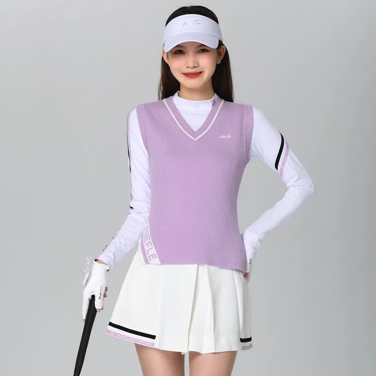 新款秋冬季高尔夫服装女士马甲保暖紫色针织衫V领时尚高端运动裙