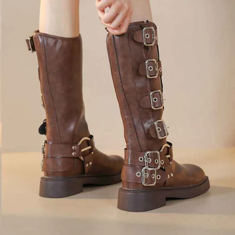 女新款靴子西部2025棕色春夏骑士牛仔靴长筒靴不过膝长靴厚底平底