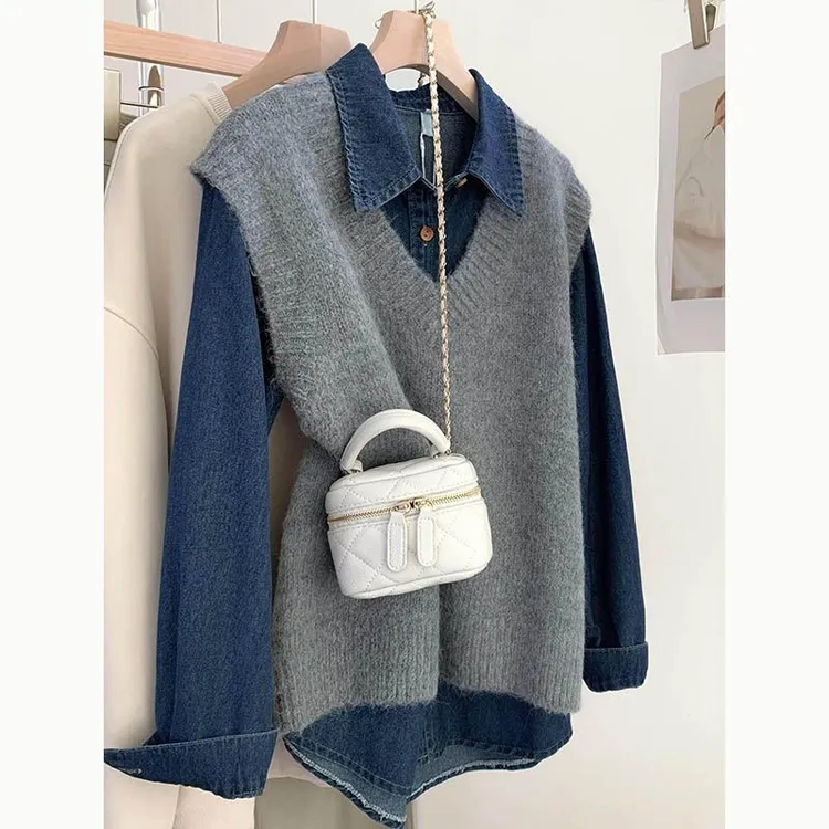 冬季套装女2024新款大码女装百搭马甲坎肩针织背心牛仔衬衫两件套