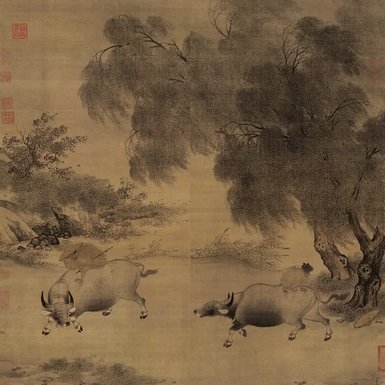 宋李迪风雨牧归图绢本浅设色人物中国古代名画宋画高清艺术微喷