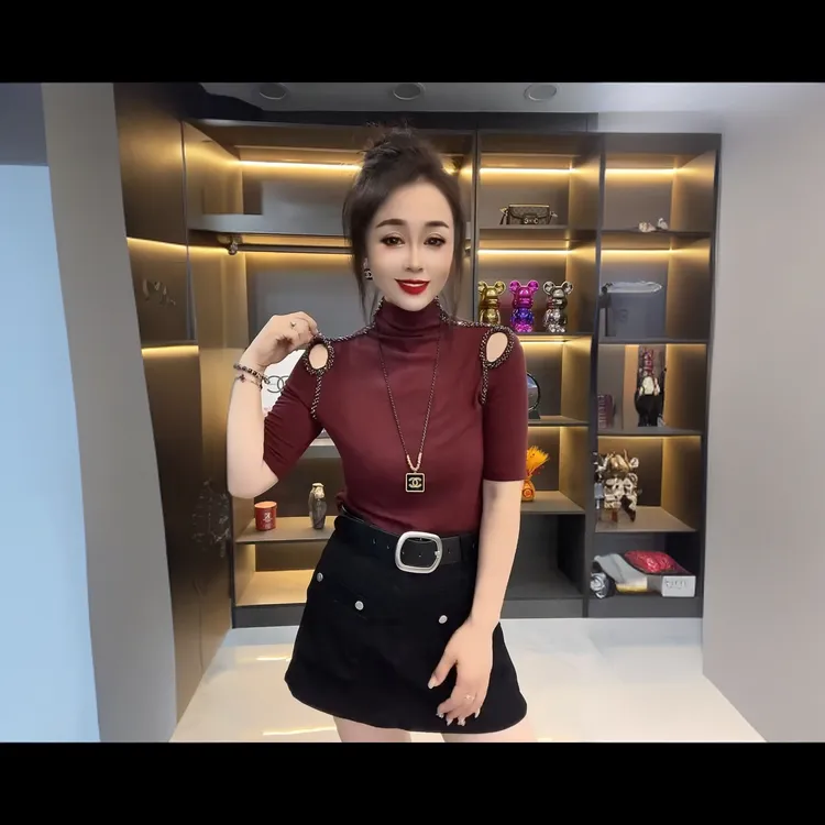 欧货高领镂空露肩T恤新款洋气百搭气质五分袖打底衫时尚高领毛衣