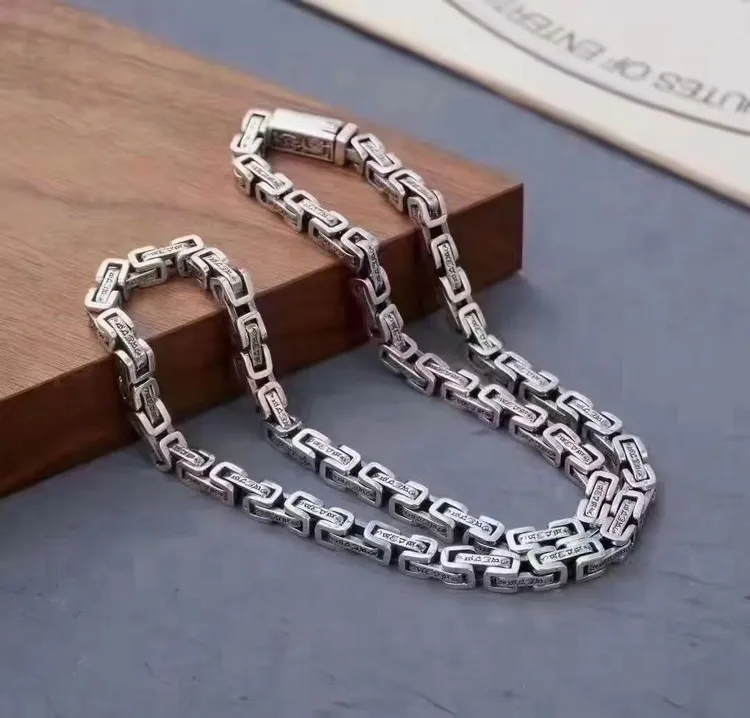 链子925银 S925银六字真言方格项链复古时尚