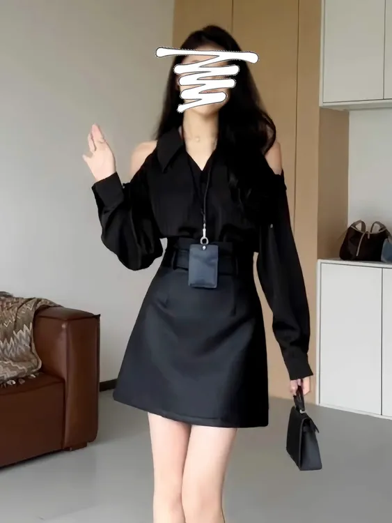 大码法式长袖衬衫女秋季黑色露肩V领上衣胖MM小众设计感休闲衬衣