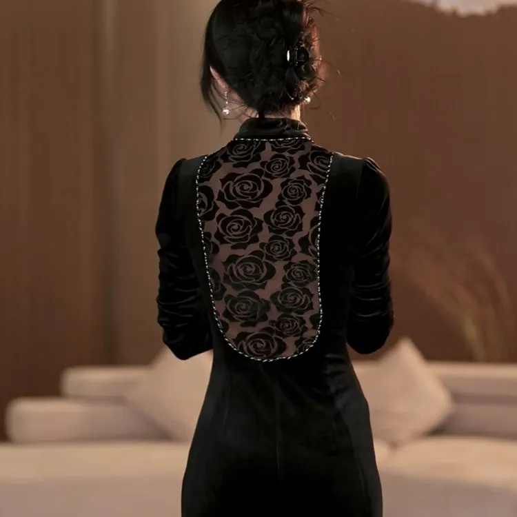 【yola】华衣阁秋季新款新中式气质收腰显瘦鱼尾连衣裙-YL11063