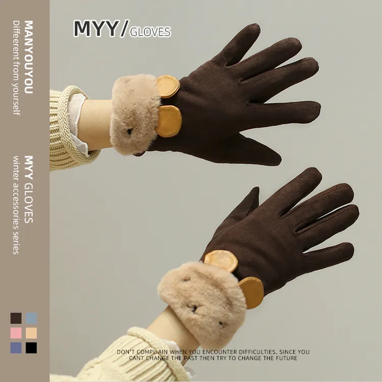 可触屏手套女士冬季可爱卡通仿麂皮绒保暖骑车防寒防冻加厚学生潮