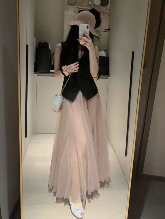 粉色纱裙半身裙女夏季新款高腰垂感显瘦a字网纱裙中长款大摆伞裙