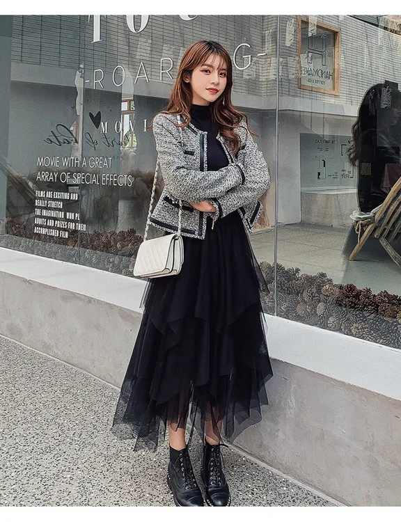 秋冬2023不规则蛋糕网纱裙长款遮跨休闲黑色垂感显瘦沙沙半身裙子