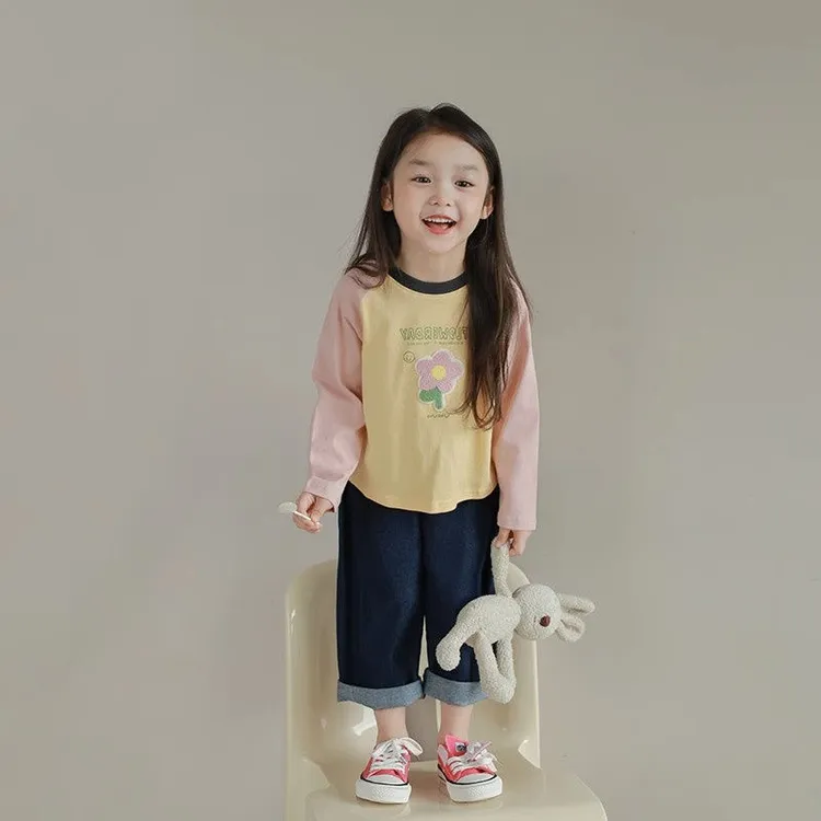 2025春秋季新款可爱毛巾绣插肩纯棉T恤女童洋气内搭长袖韩版上衣