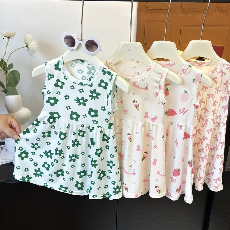 儿童连衣裙夏季女童碎花冰丝裙夏天休闲无袖中长款洋气背心裙