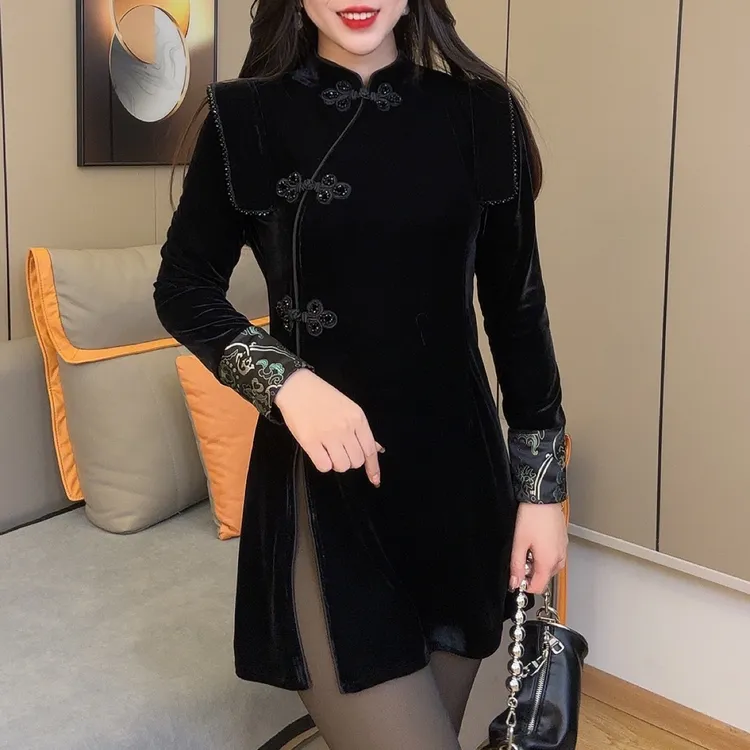 6633重工钉珠旗袍衫修身显瘦中式金丝绒旗袍气质时尚新中式