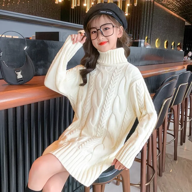女童外穿毛衣裙2022新款大儿童装秋冬装中长款高领加绒针织打底衫