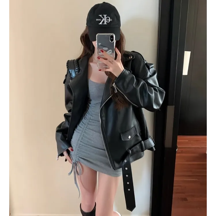 美式复古皮衣外套女小个子短款机车夹克黑色加绒皮衣高级设计感厚