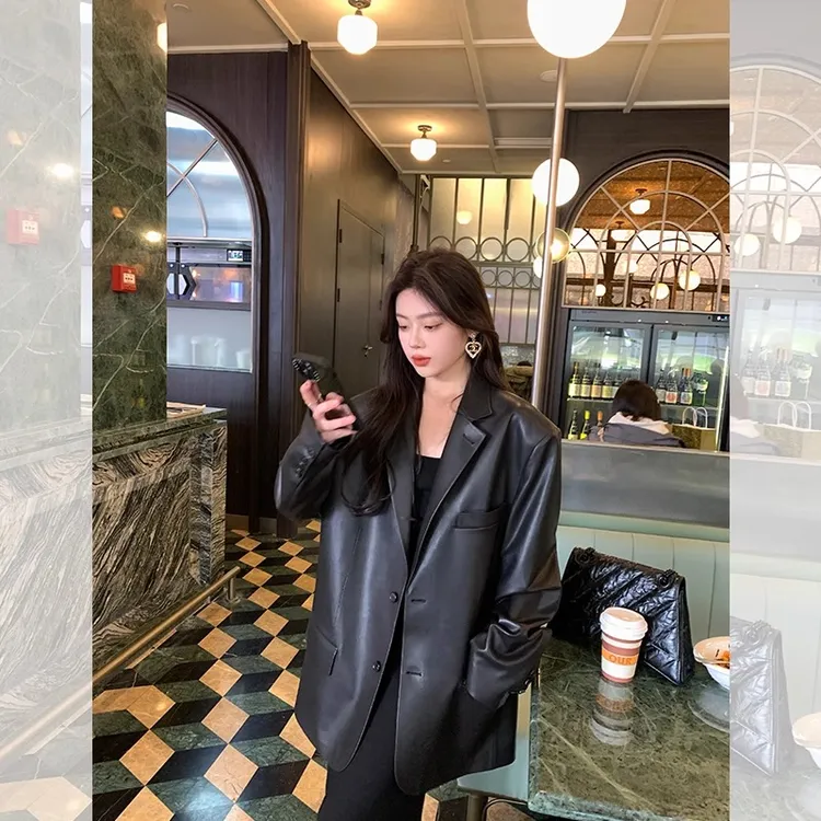 黑色复古西装休闲皮衣外套女2025年秋冬季新款宽松中长款网红西服