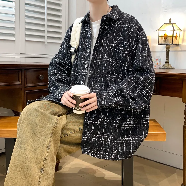 春秋季男士小香风长袖衬衫外套港风痞帅复古设计感夹克休闲宽松