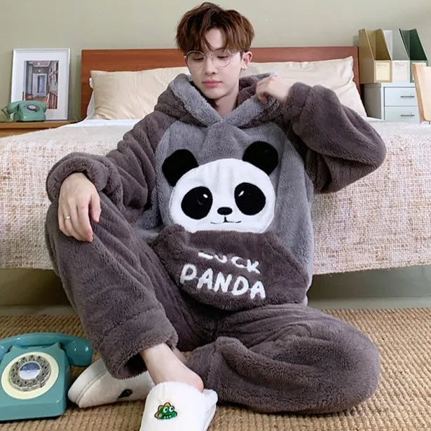冬季新款珊瑚绒睡衣男士加厚保暖宽松款青少年连帽卡通家居服套装