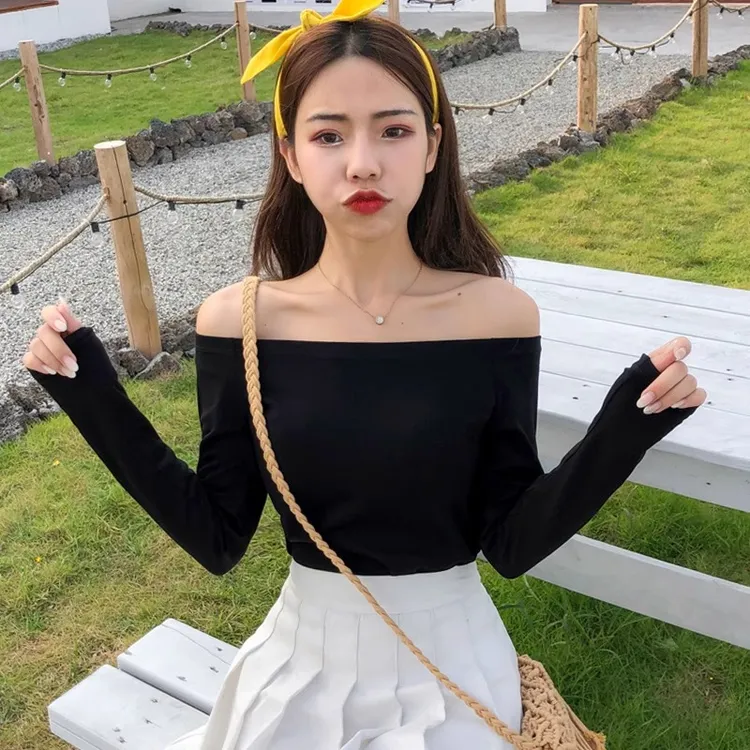 黑色一字肩长袖t恤女修身性感露肩纯色春游初厦百搭老钱风女装