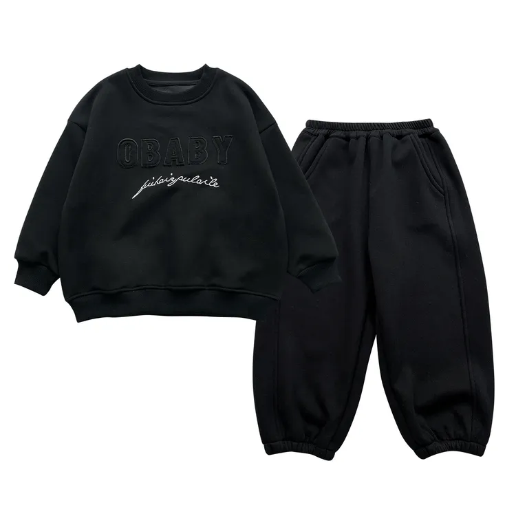 2024儿童冬款童装韩版贴布刺绣加绒加厚休闲宽松男童套装