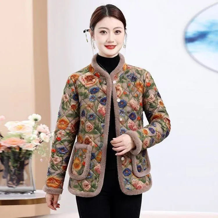 时尚妈妈装棉服外套女加厚一体绒保暖棉衣中老年加绒碎花小棉袄