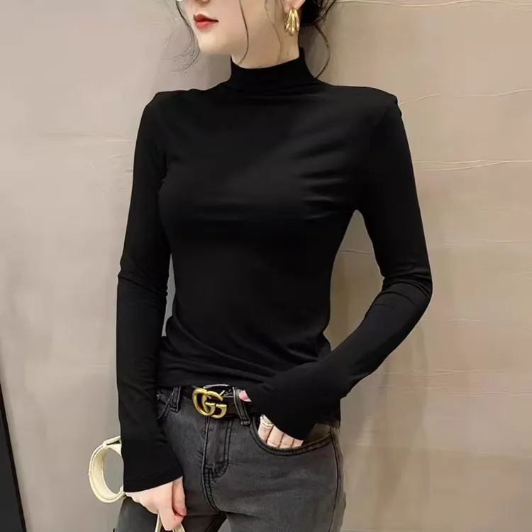 {小立领} 长袖高弹打底衫2025春秋新款内搭洋气修身中领T恤上衣