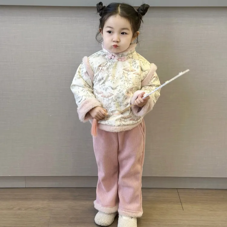 女童冬季中式套装加绒唐装儿童拜年服两件套