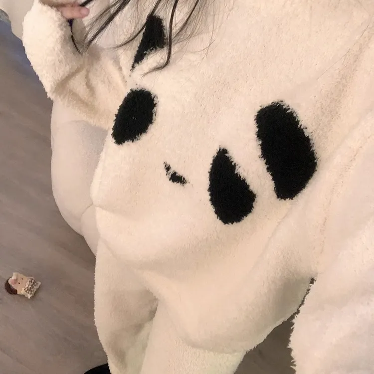 白色熊猫半边绒睡衣女款冬季2025新款珊瑚绒加厚家居服套装秋冬天