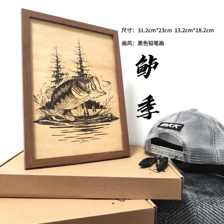 路亚鲈鱼创意装饰画摆台摆件复古高清喷绘作品