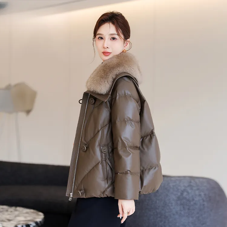 海宁新款皮衣羽绒服狐狸毛领时尚短款真皮羽绒服皮外套白鸭绒