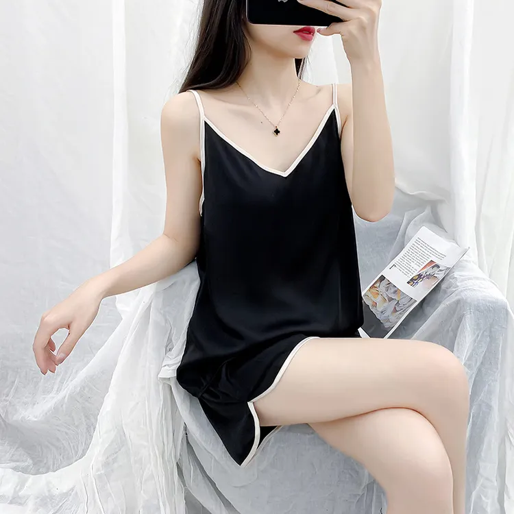 睡衣女夏季宽松大码黑色性感睡衣套装显瘦打底吊带吊带睡衣