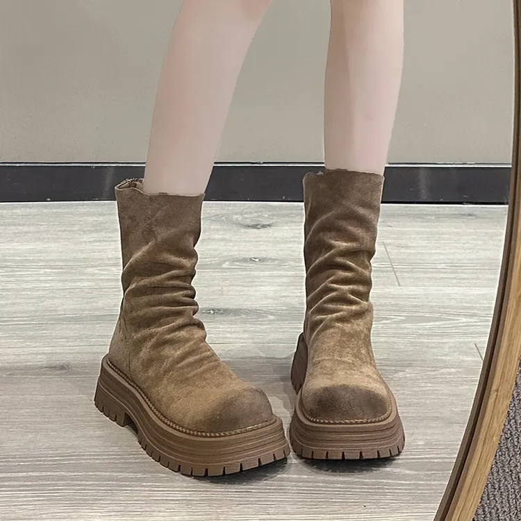 2024秋冬新款圆头百搭休闲短靴厚底英伦风时尚中筒弹力显瘦瘦瘦靴