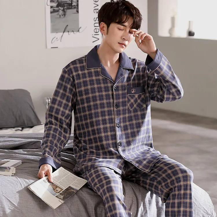 双11睡衣男纯棉长袖翻领春秋款男士家居服套装中老年爸爸休闲秋季