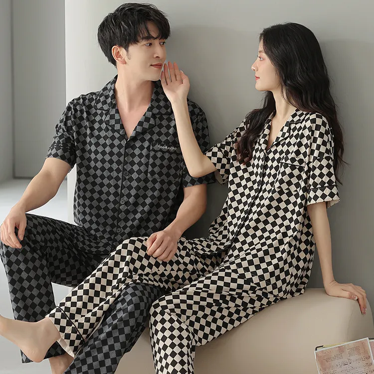 情侣睡衣夏季纯棉短袖长裤开衫男女士夏天薄款休闲全棉家居服套装