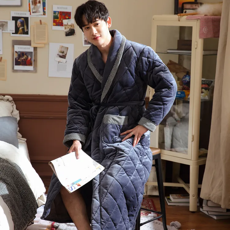 冬季男士三层夹棉加厚加绒睡袍长款珊瑚绒中年爸爸睡衣浴袍家居服