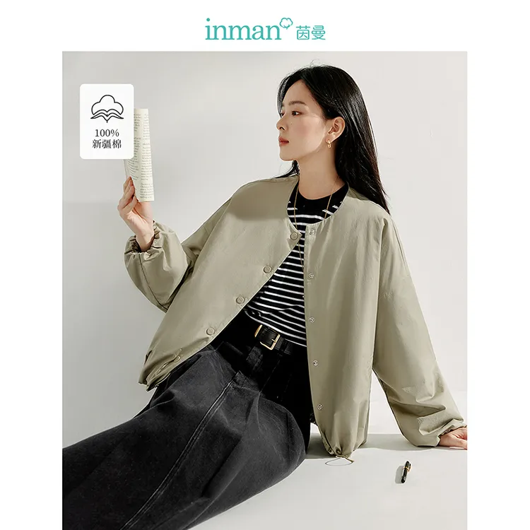 【年终狂欢季】茵曼春季复古圆领宽松显瘦户外夹棉外套休闲夹克上衣