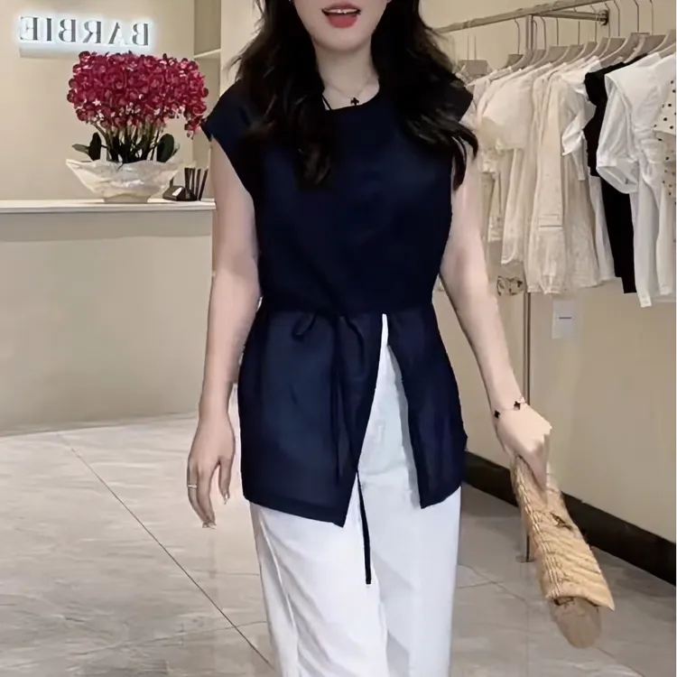 【芝士专属】夏季韩系气质显瘦收腰无袖小衫开叉休闲系带高贵女装
