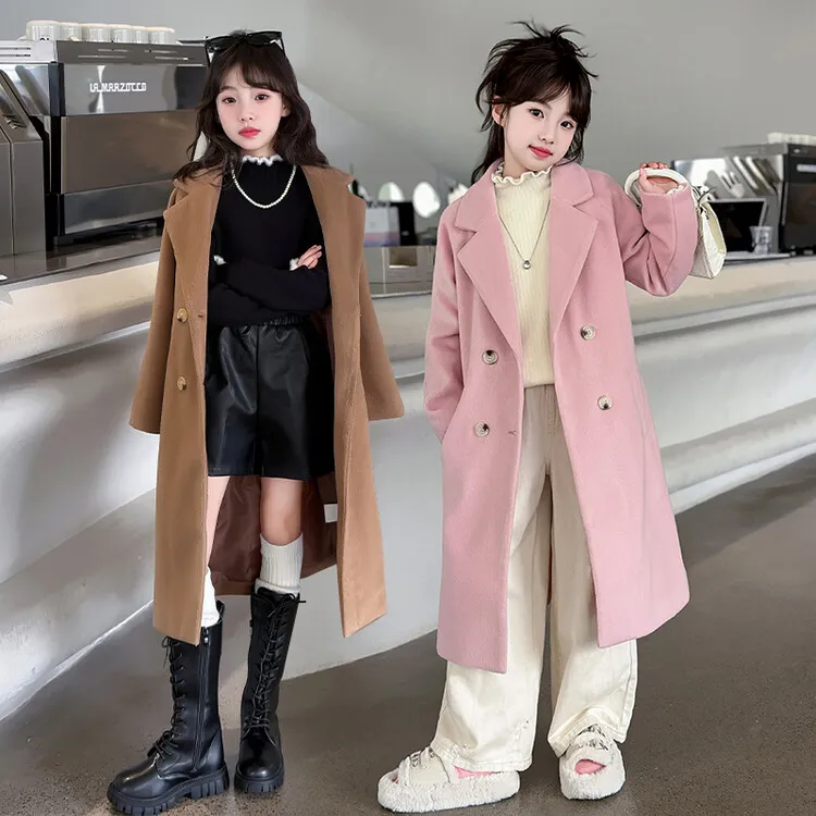 女童毛呢大衣外套2024秋冬新款中大童保暖时尚女装长款上衣韩范潮