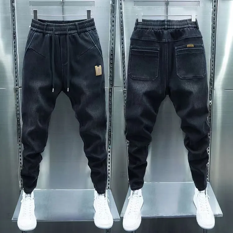 潮流秋冬新款男士加绒牛仔裤宽松黑色小脚修身爆款百搭休闲裤男款