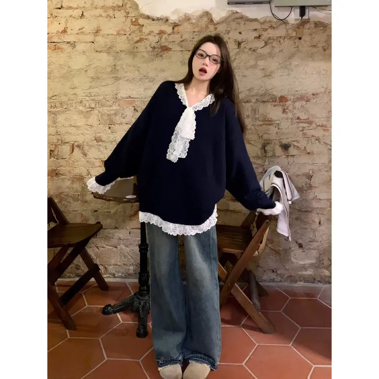 蕾丝拼接时尚百搭针织衫毛衣外穿宽松加厚慵懒风秋冬季套头Y999