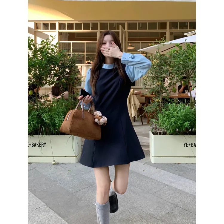 Y939韩系学姐 复古学院假两件拼接高级设计感长袖连衣裙