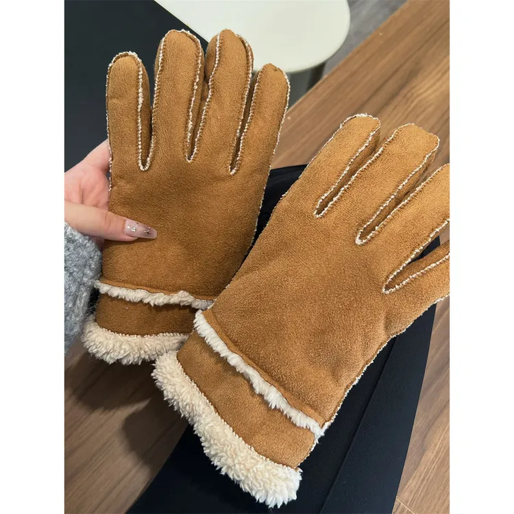 秋冬麂皮绒手套女加绒加厚保暖分指骑行北方滑雪手套情侣韩版防寒