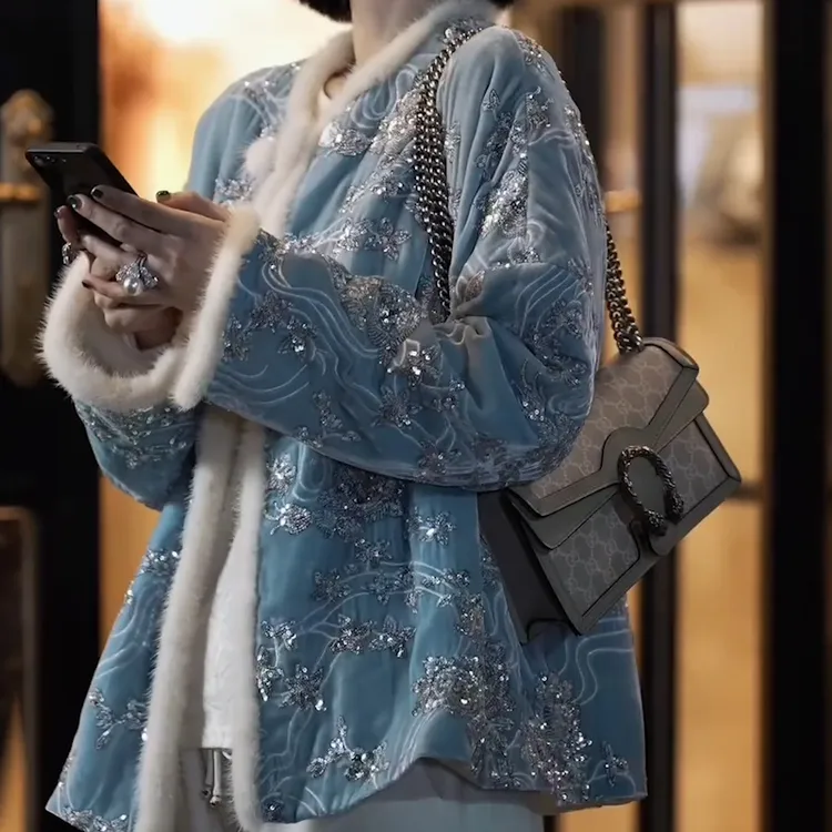 新中式国风亮片真丝羽服女冬季 欧货高级感潮流时尚加厚保暖外套