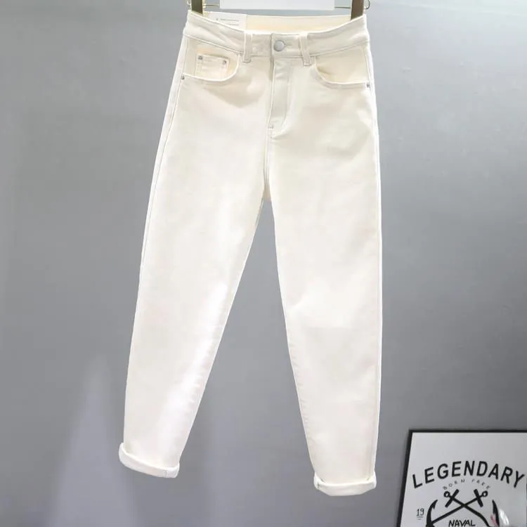 白色牛仔裤女爆款2025冬季加绒高腰宽松哈伦老爹显瘦萝卜ins裤子