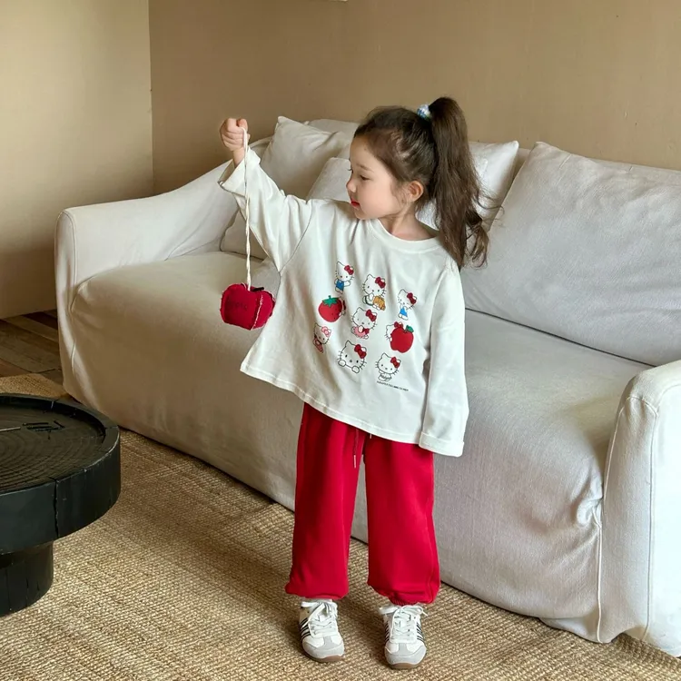 2024秋季新款童装 韩版童装 女童可爱猫咪印花T恤 儿童长袖T恤