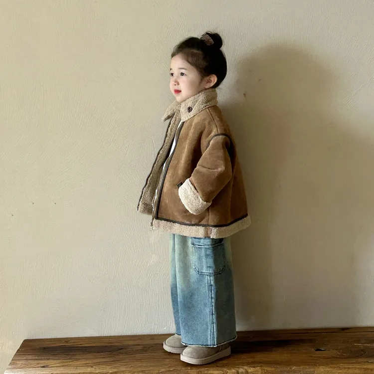 2024冬季新款童装 韩版童装 男女童时尚麂皮复合羊羔毛外套 大衣