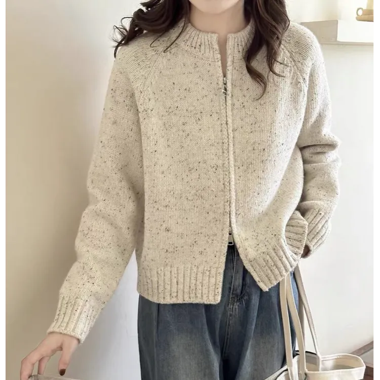 圆领复古慵懒短款毛衣开衫外套女秋冬季穿搭小个子双拉链针织上衣