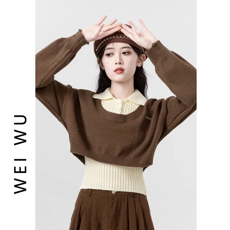 学院风灰色短款POLO领毛衣女秋冬季宽松设计感针织上衣新款两件套