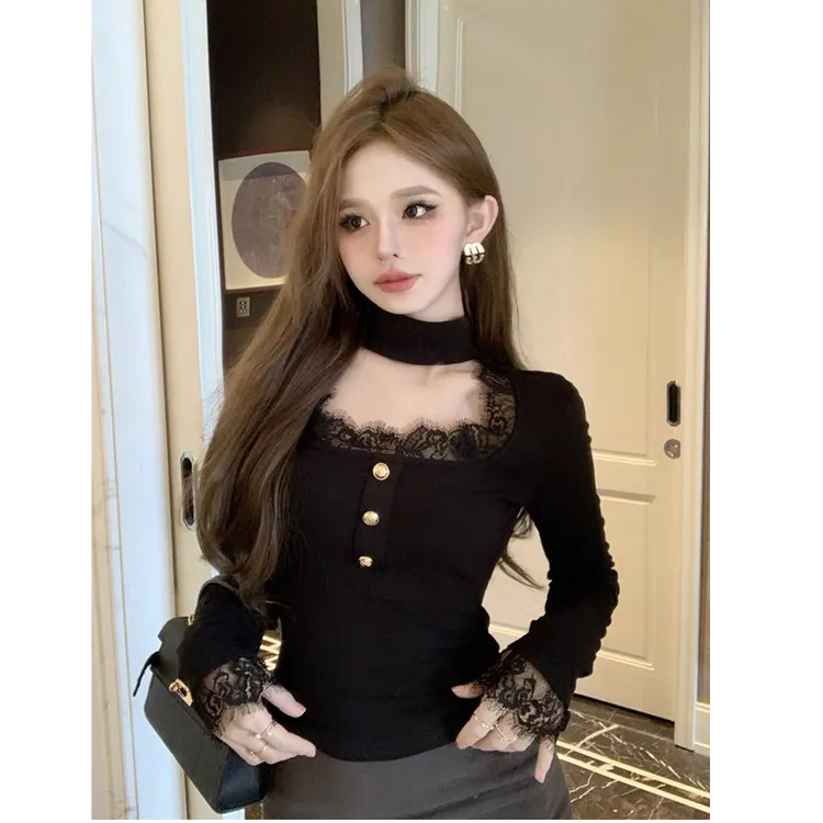 纯欲方领蕾丝拼接v领长袖t恤内搭抓绒打底衫女正肩修身上衣