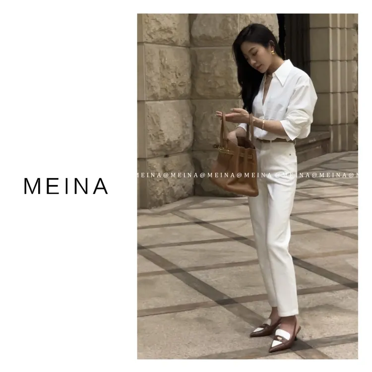 MEINA【自由构想】早秋白色牛仔裤直筒三防面料气质时尚设计感裤子