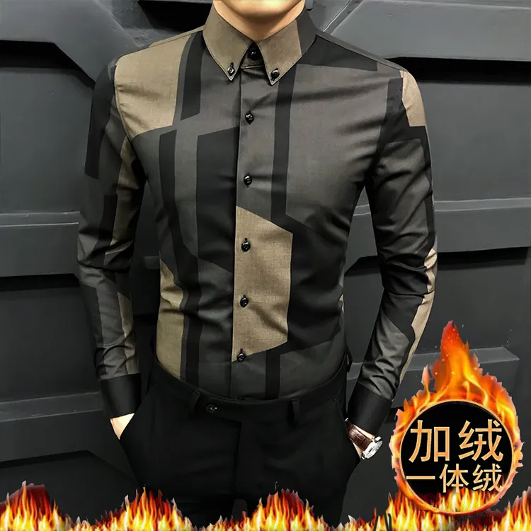 轻奢男士长袖衬衫修身弹力商务加绒衬衣新款秋冬季加厚保暖衬衫装