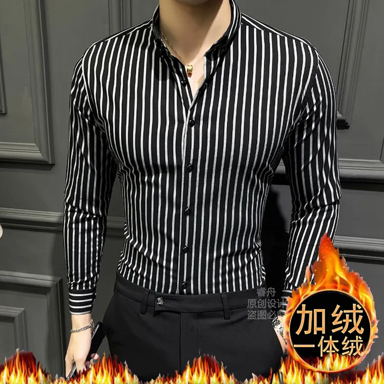 轻奢新款秋冬男士衬衫条纹长袖修身加绒衬衫免烫痞帅保暖衬衣时尚